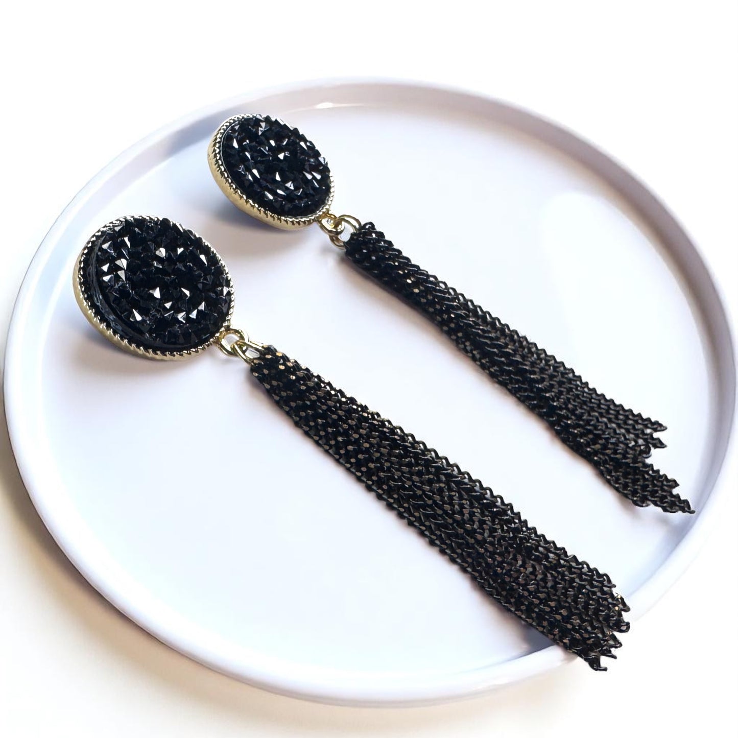 Glamorous Black & Gold Druzy Dangle Earrings - Sparkle & Shine! 🌟