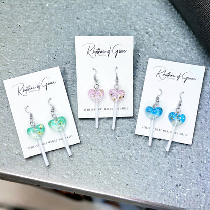 Sweetheart Swirl – Heart Lollipop Earrings in Candy Colors 🍭