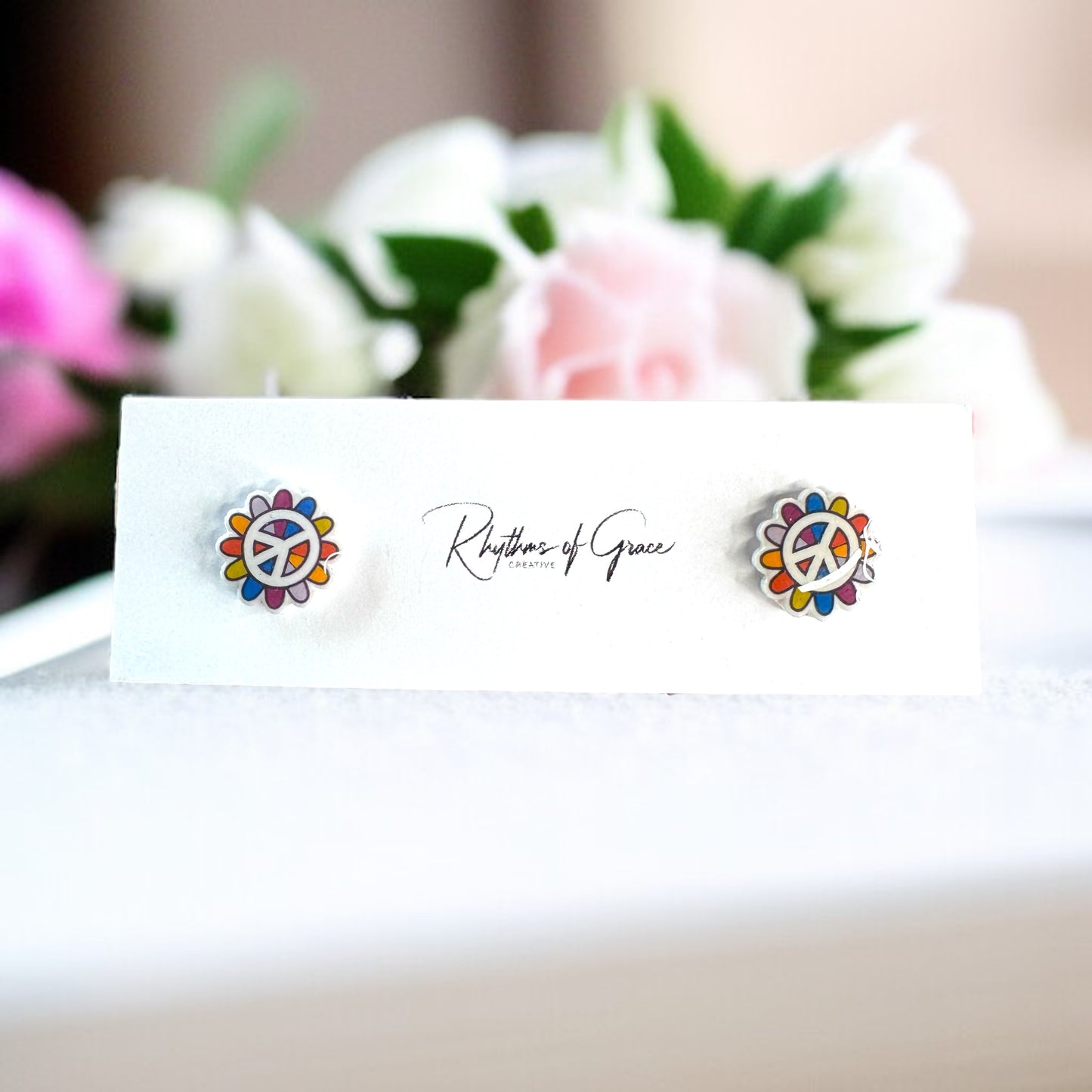 Spread the Love with Rainbow Peace Flower Stud Earrings!