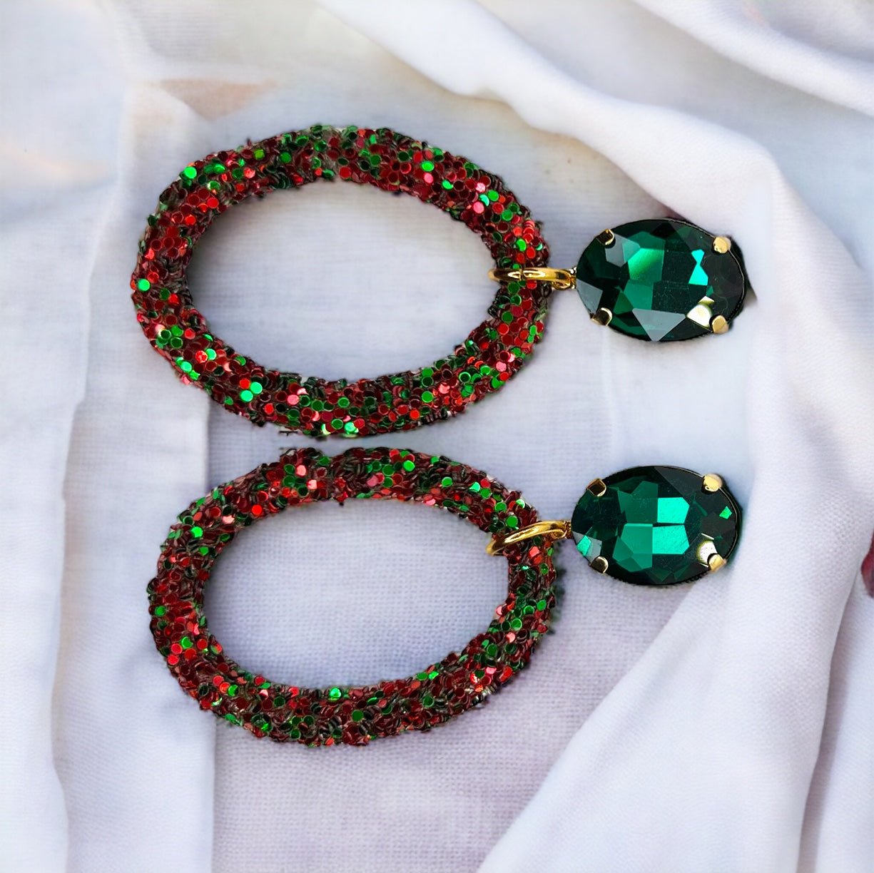 Glitter Christmas Earrings - Christmas Jewelry, Handmade Earrings, Red and Green Earrings, Christmas Earrings, Red Rhinestones, Green Jewels - Rhythms of Grace Creative