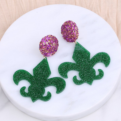 Mardi Gras Oversized Statement Earrings - Glitter Fleur-de-Lis Elegance - Rhythms of Grace Creative