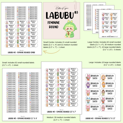 Collection of labels with cartoon characters and text on a green background