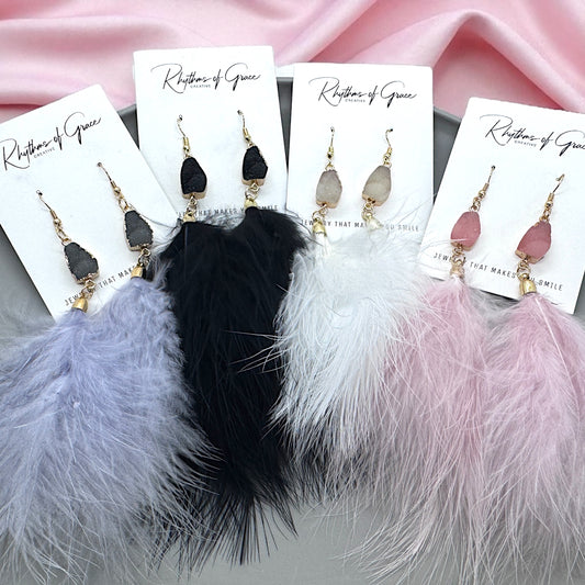 "Feathered Dreams" Druzy Dangle Earrings – Embrace Your Boho Sparkle!