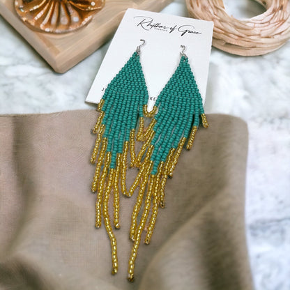 Boho Beaded Earrings - Teal and Gold, Boho Earrings, Bohemian Style, Kentucky Derby, Beaded Accessories, Handmade Jewelry - Rhythms of Grace Creative