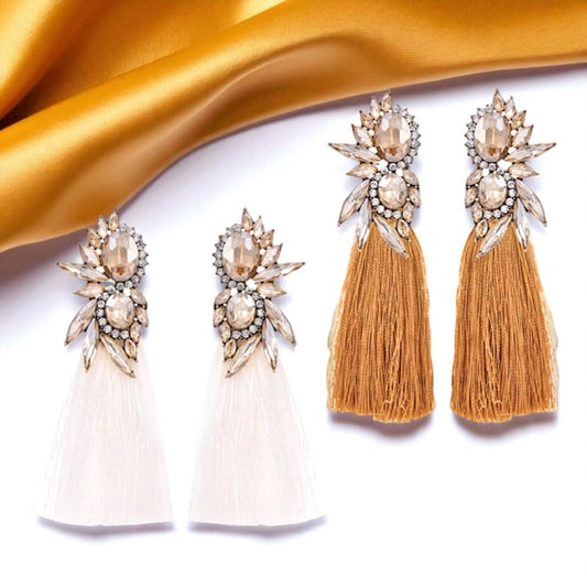 Sparkle & Shine: Dazzling Rhinestone Tassel Earrings in White & Gold!