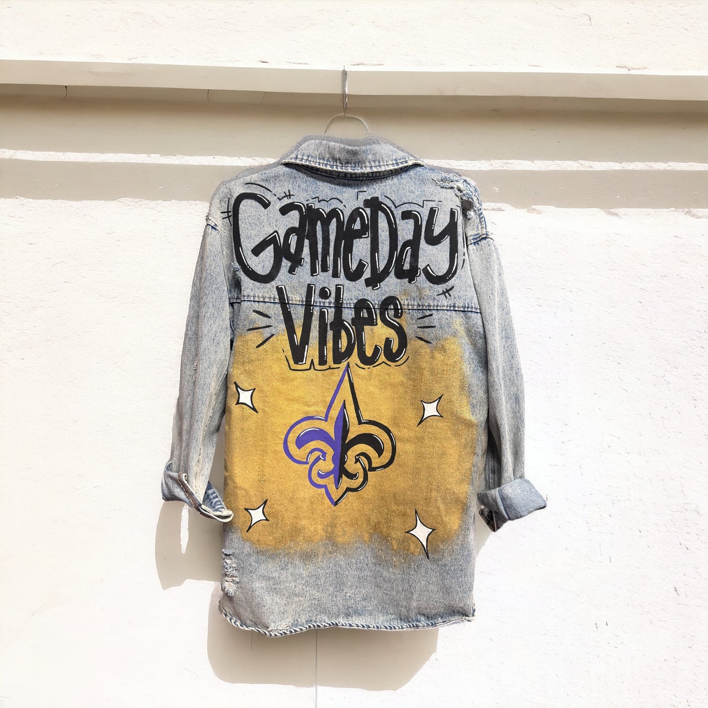 Hand-Painted Jean Jacket:  GAMEDAY! | Perfect for LSU & Saints Fans | Oversized Long Denim