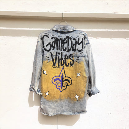 Hand-Painted Jean Jacket:  GAMEDAY! | Perfect for LSU & Saints Fans | Oversized Long Denim