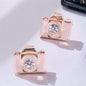 Snap Chic: Dazzling Camera Rhinestone Stud Earrings in White, Pink & Blue!