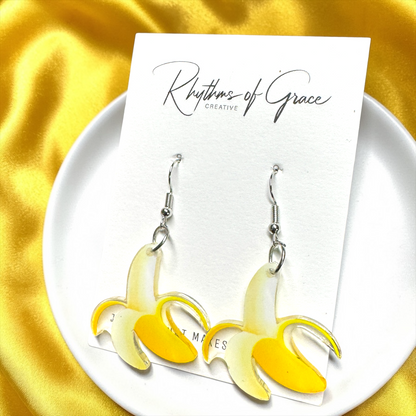 Clear Acrylic Banana Dangle Earrings | Double-Sided Peeled Banana Earrings | Savannah Bananas Inspired | Lightweight Fun Jewelry