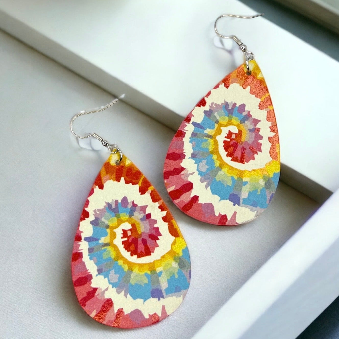 Vibrant Tie Dyed Teardrop Dangle Earrings: Boho Chic Rainbow Style! - Rhythms of Grace Creative