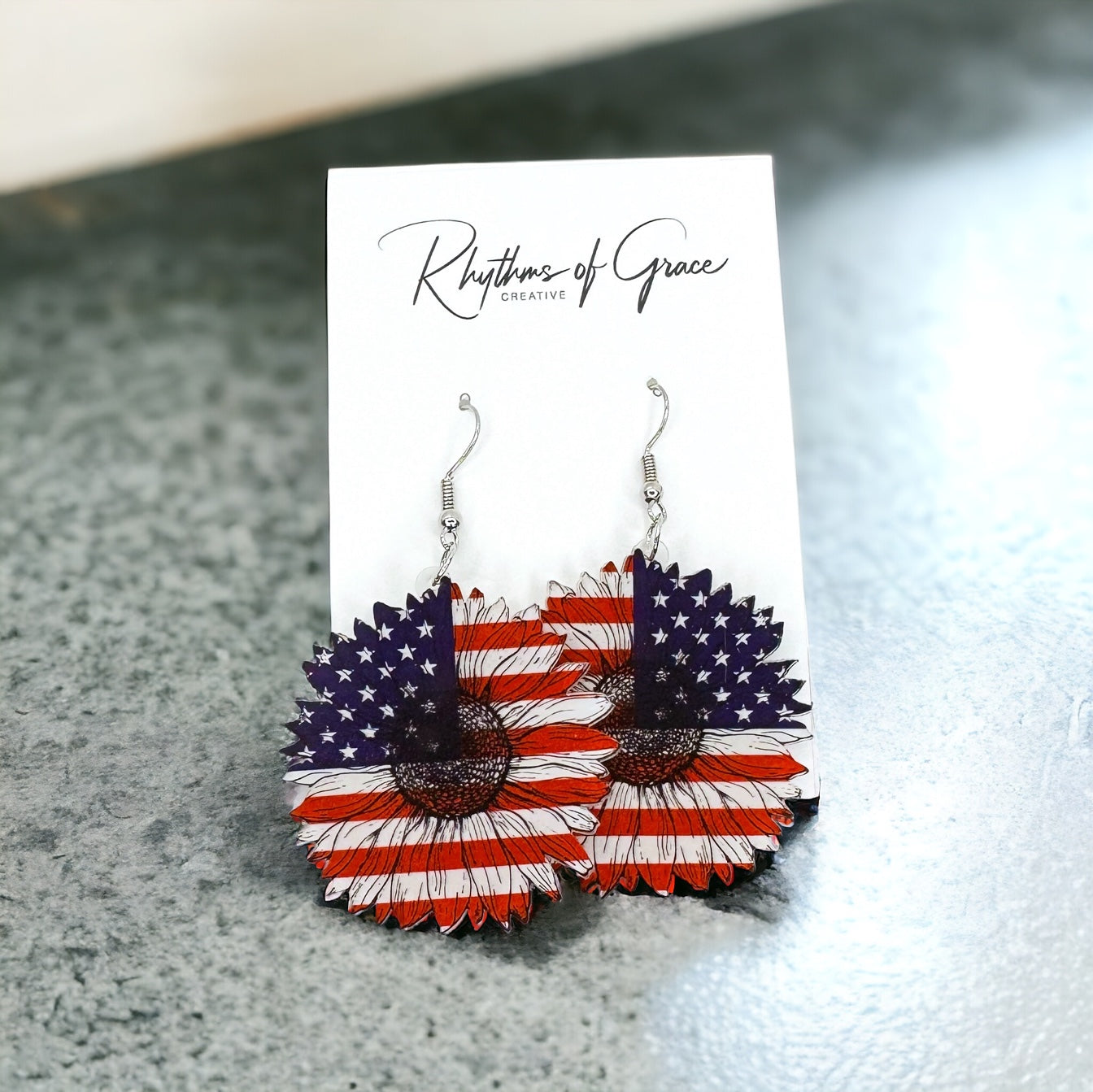 Patriotic Flower Dangle Earrings - Stars & Stripes Design