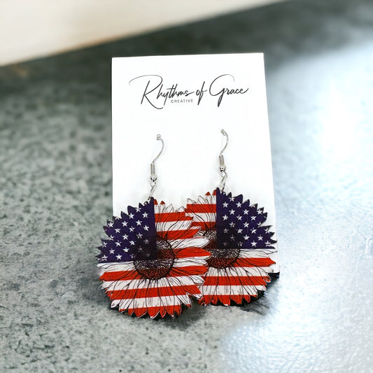 Patriotic Flower Dangle Earrings - Stars & Stripes Design
