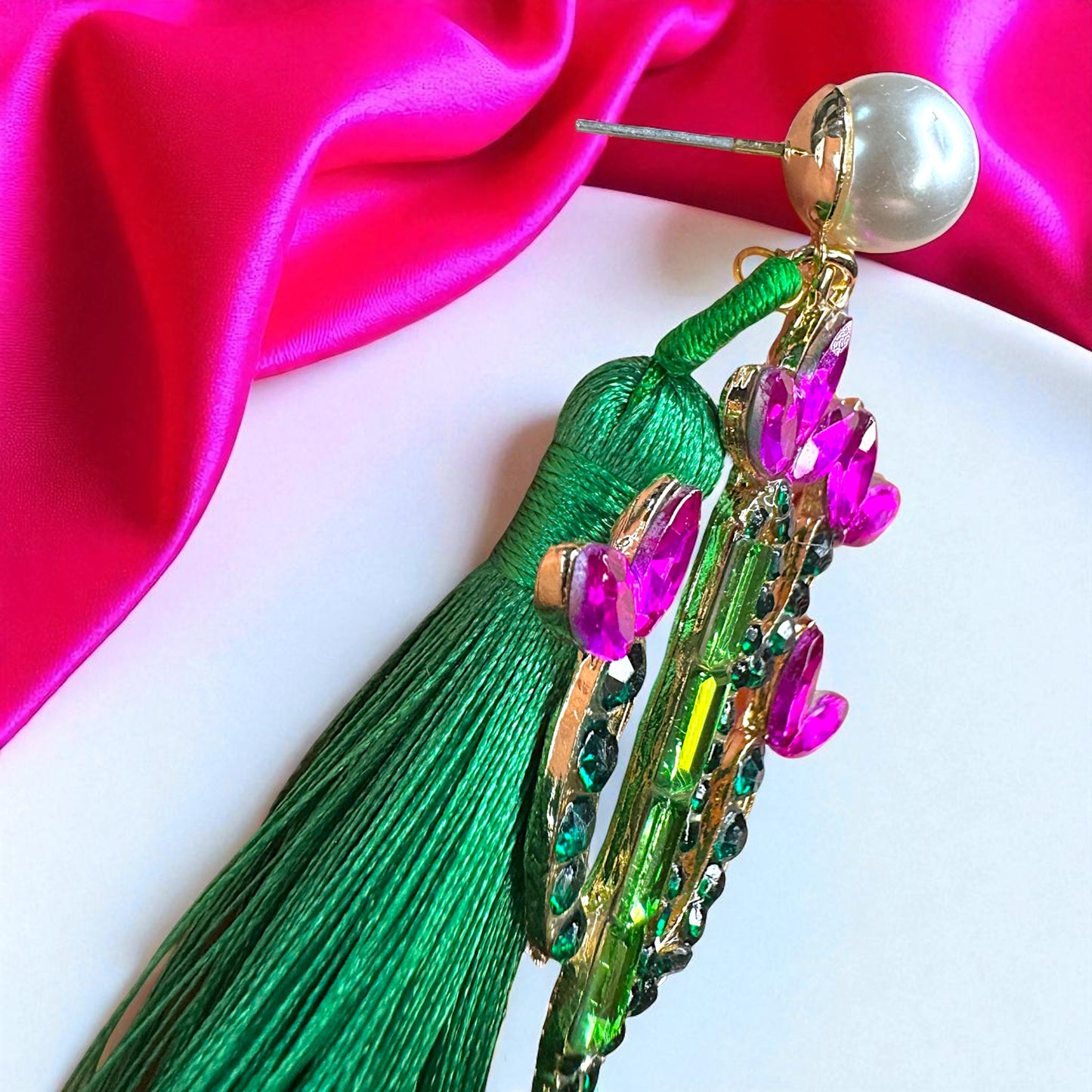 Sparkle in the Desert – Rhinestone Cactus Tassel Earrings 🌵