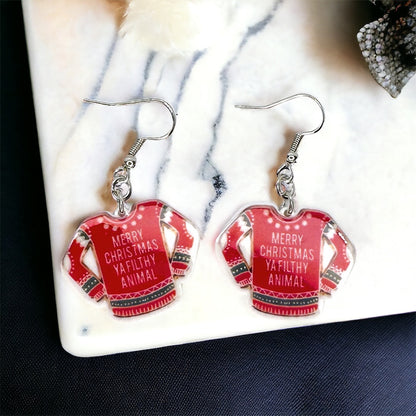 Sass Meets Sweater – “Merry Christmas Ya Filthy Animal” Dangle Earrings