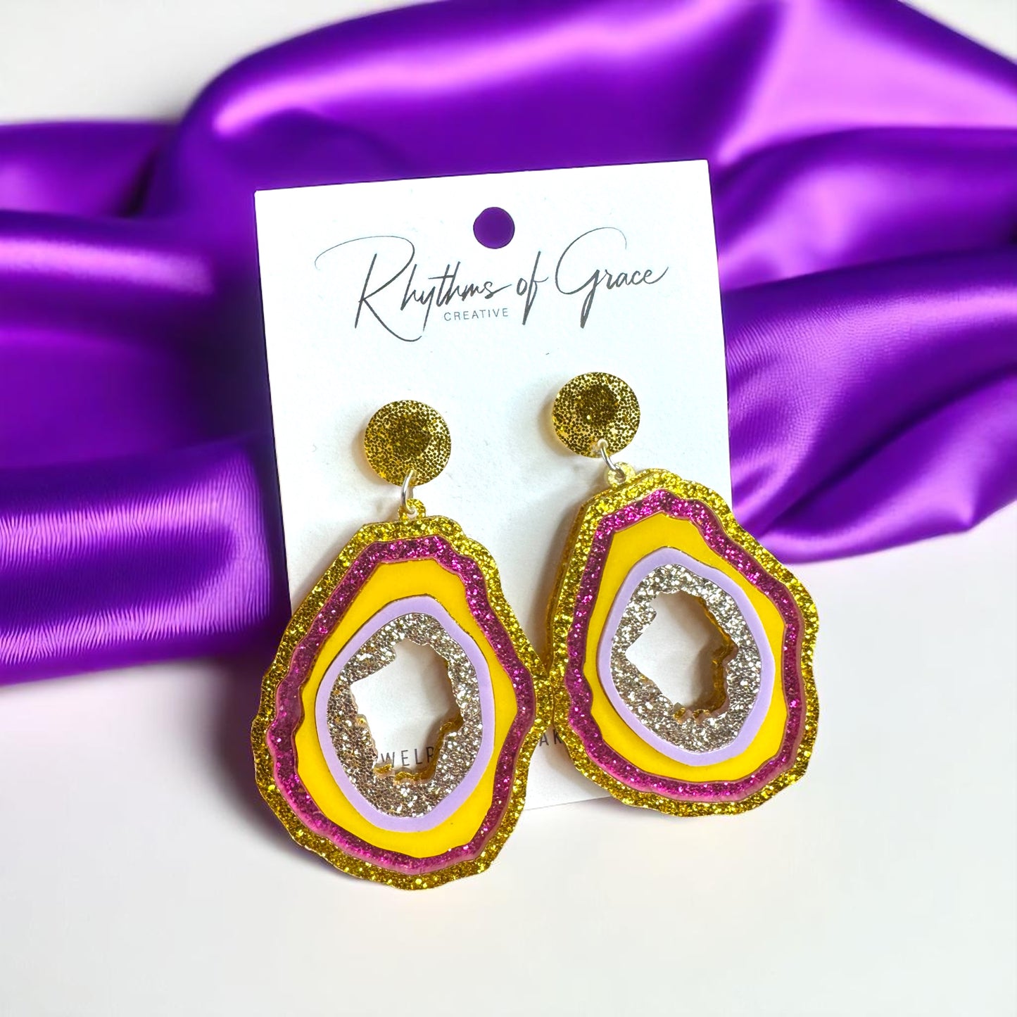 Dazzling Purple & Gold Glitter Geode Drop Earrings - Sparkle in Style!
