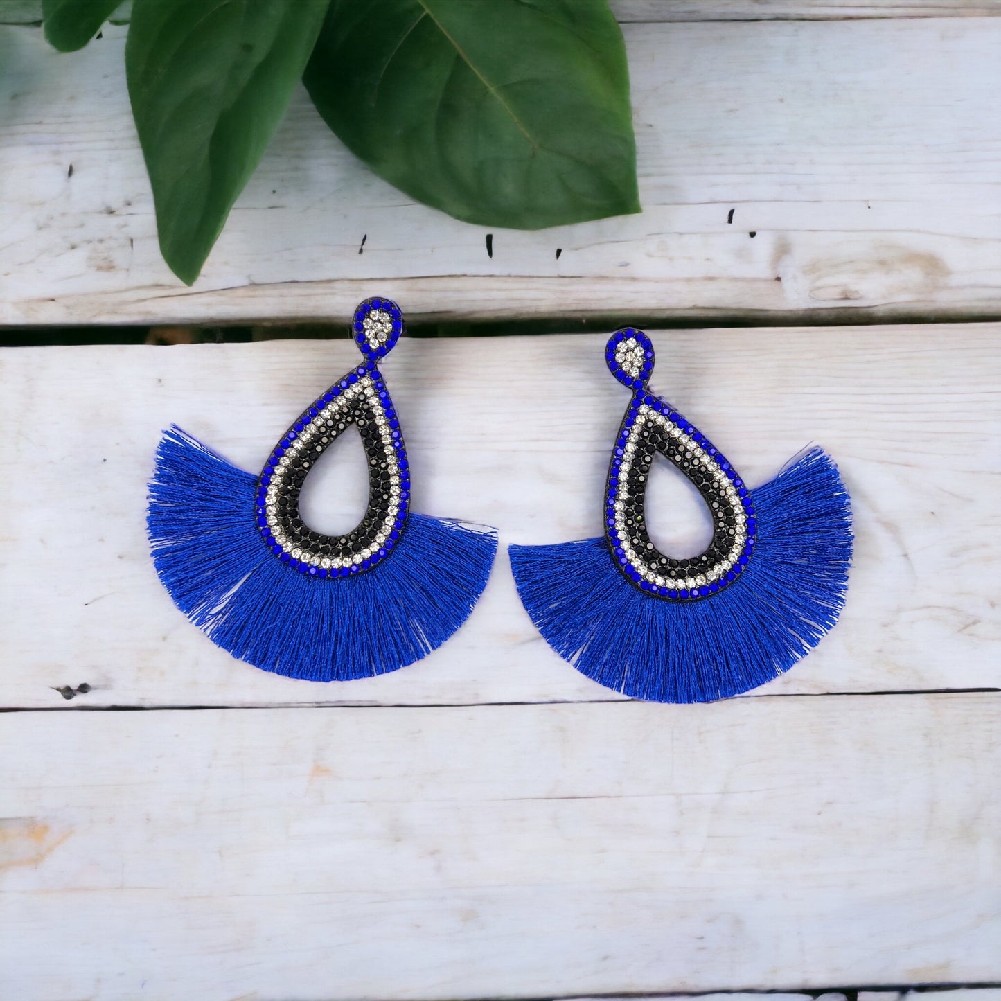 Blue and Black Earrings - Blue Accessories, Rhinestone Earrings, Blue and White Rhinestones, Fringe Earrings - Rhythms of Grace Creative