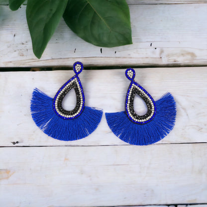 Blue and Black Earrings - Blue Accessories, Rhinestone Earrings, Blue and White Rhinestones, Fringe Earrings - Rhythms of Grace Creative