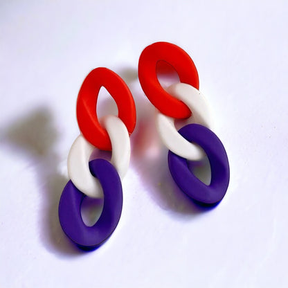 Vibrant Red, White, and Blue Chain Dangle Earrings - Statement Jewelry