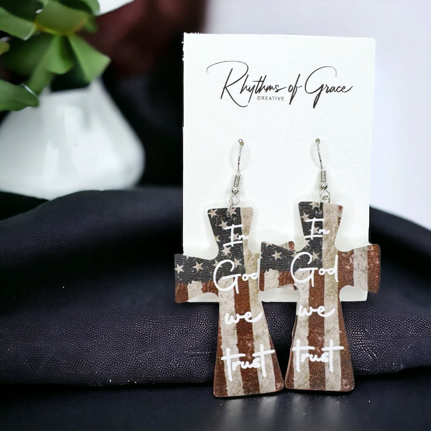 Patriotic "In God We Trust" American Flag Cross Earrings - Unique Faith Design