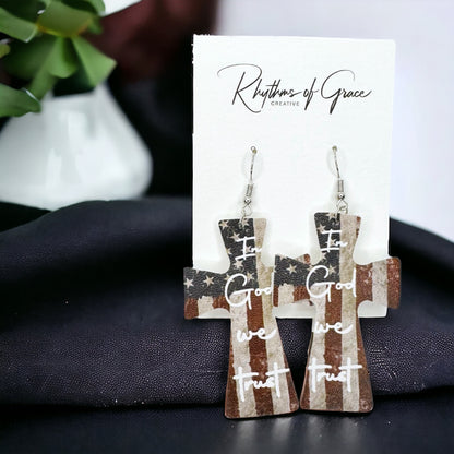 Patriotic "In God We Trust" American Flag Cross Earrings - Unique Faith Design
