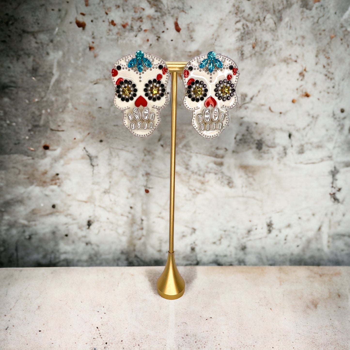 Sugar Skull Earrings - Halloween Earrings, Rhinestone Skull, Halloween Teacher, Jeweled Halloween, Skeleton Earrings - Rhythms of Grace Creative