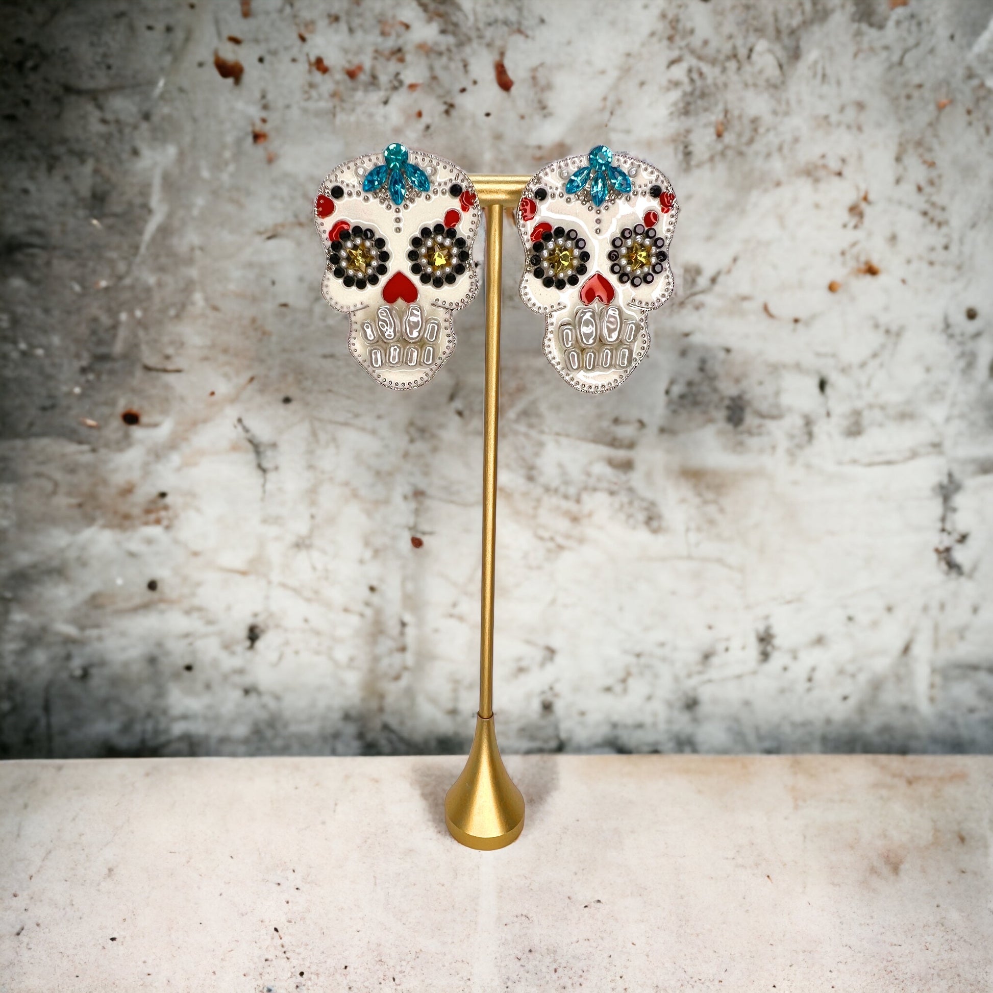 Sugar Skull Earrings - Halloween Earrings, Rhinestone Skull, Halloween Teacher, Jeweled Halloween, Skeleton Earrings - Rhythms of Grace Creative