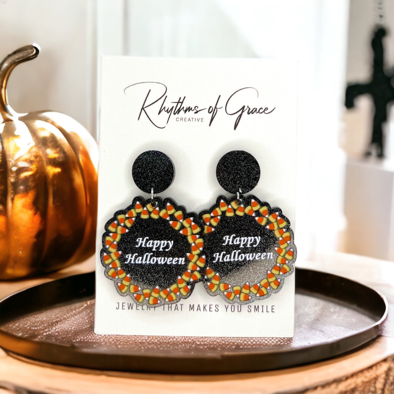 Happy Halloween Earrings - Halloween Earrings, Candy Corn, Halloween Teacher, Black and Orange - Rhythms of Grace Creative