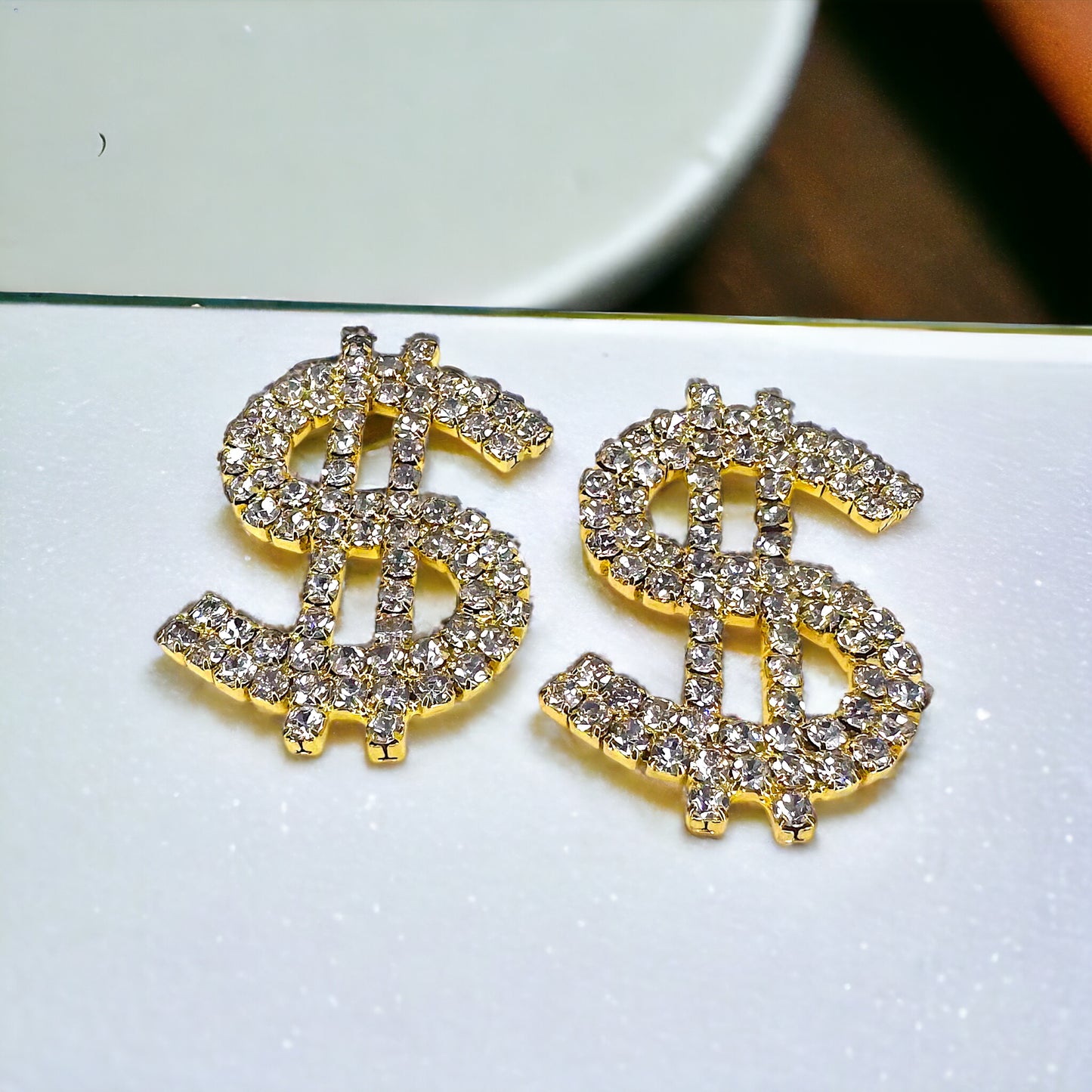 Sparkling Dollar Sign Shaped Earrings - 1.4 x 1 inches, Money