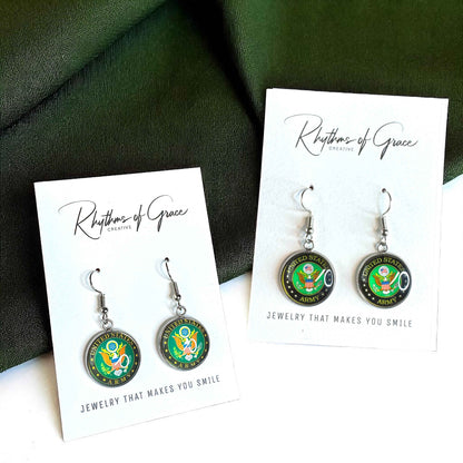 Military Mom Marvels: Army Cabochon Dangle Earrings!