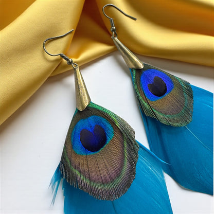 Boho Peacock Feather Dangle Earrings – Layered Turquoise & Natural Feathers, Lightweight Statement Jewelry