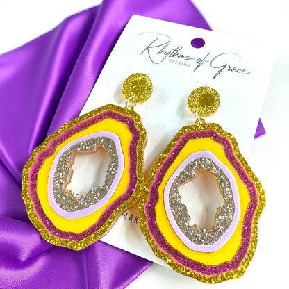 Dazzling Purple & Gold Glitter Geode Drop Earrings - Sparkle in Style!