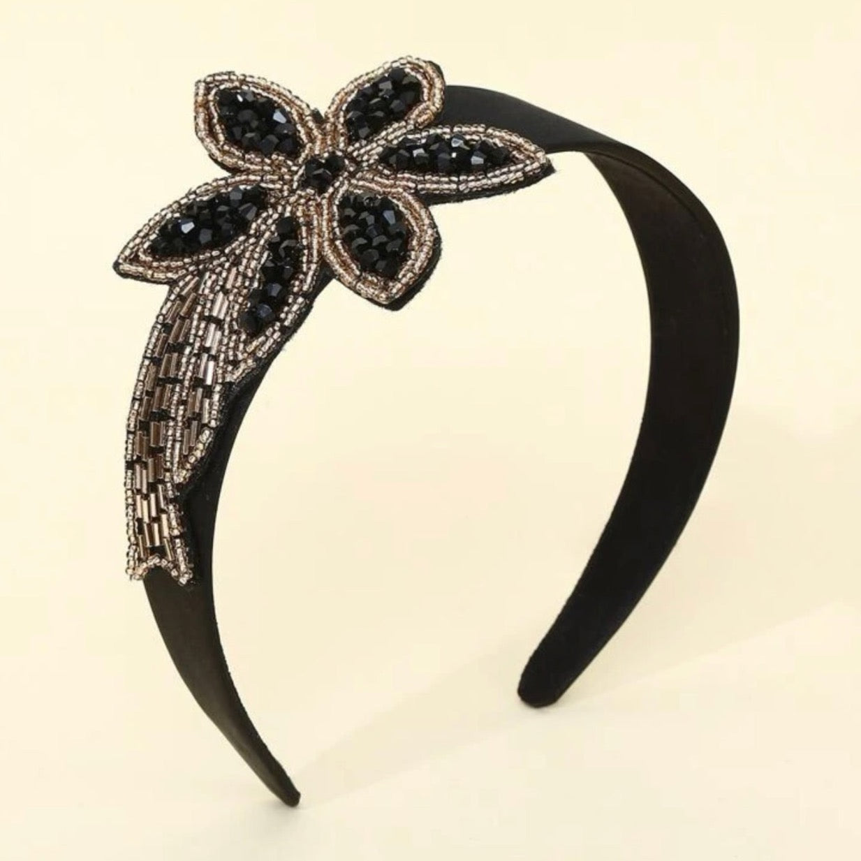 Beaded Black and Gold Headband - Handmade Headpiece, New Orleans Headband, Holiday Headpiece, Beaded Headband - Rhythms of Grace Creative