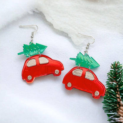 Haulin’ Holiday Cheer Earrings – Red Car with Tree Dangles!🎄