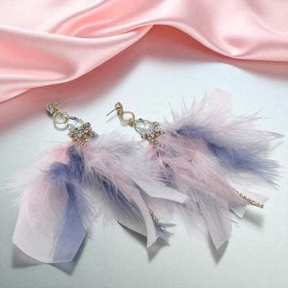 Dreamy Pink & Lavender Feather Earrings – Rhinestone Dangles for Boho Queens