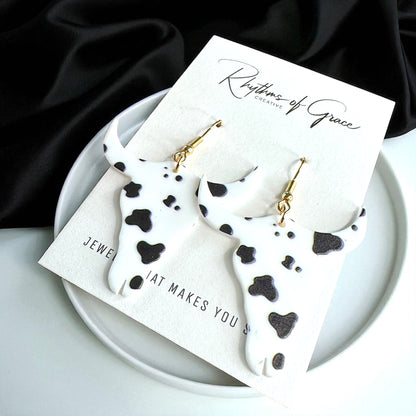Cow Print Longhorn Dangle Earrings – Western Chic Meets Rodeo Glam!