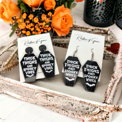 Coffin Earrings - Halloween Earrings, Thick Thighs, Spooky Vibes, Halloween Earrings, Halloween Costume, Trick or Treat - Rhythms of Grace Creative