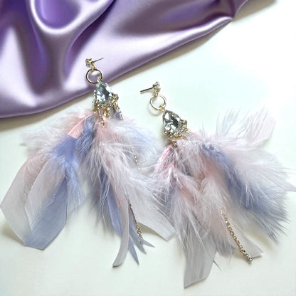 Dreamy Pink & Lavender Feather Earrings – Rhinestone Dangles for Boho Queens