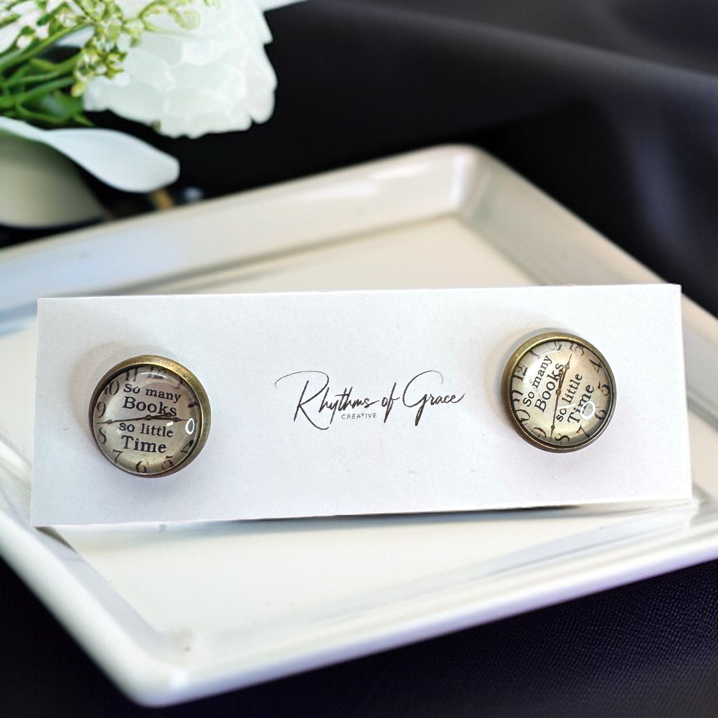 Ticking Away: ‘So Many Books, So Little Time’ Clock Stud Earrings!