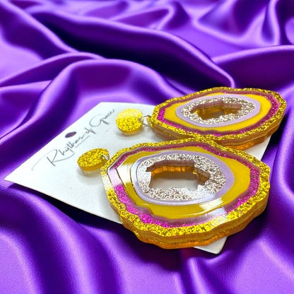 Dazzling Purple & Gold Glitter Geode Drop Earrings - Sparkle in Style!