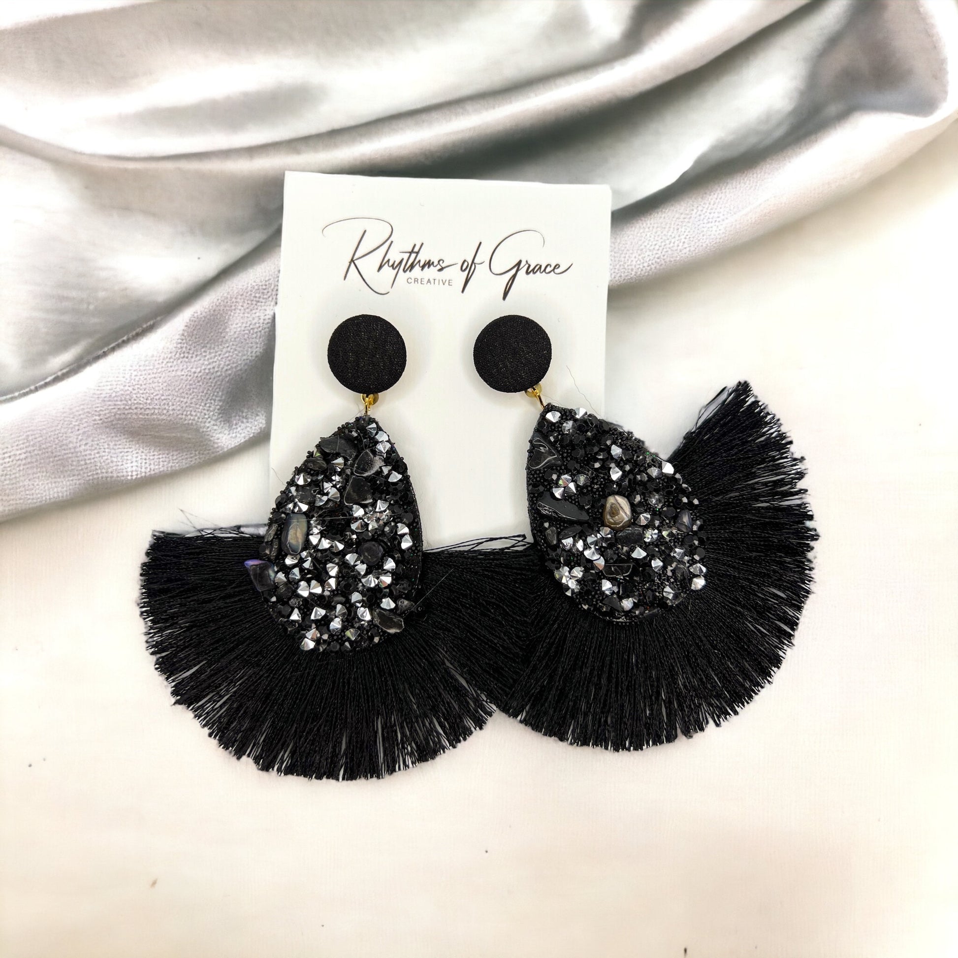 Black Tassel Earrings - Black Rhinestones, hinestone Accessories, Black Earrings, Black and Silver Earrings - Rhythms of Grace Creative