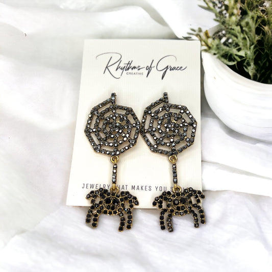 Spiderweb Earrings - Halloween Earrings, Spider Earrings, Halloween Accessories, Halloween Earrings, Rhinestone Earrings, Halloween Accessories - Rhythms of Grace Creative