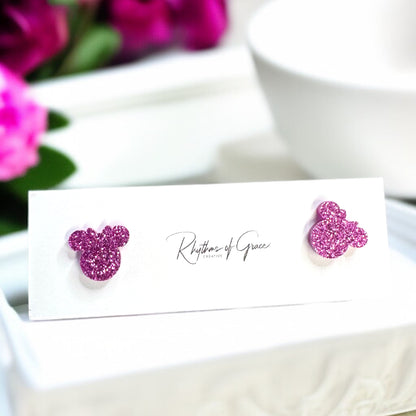 Sparkle & Shine with Pink Glitter Mouse Ears Stud Earrings!