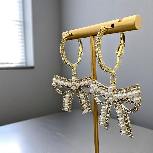 Sparkle & Shine: Rhinestone & Faux Pearl Bow Hoop Earrings