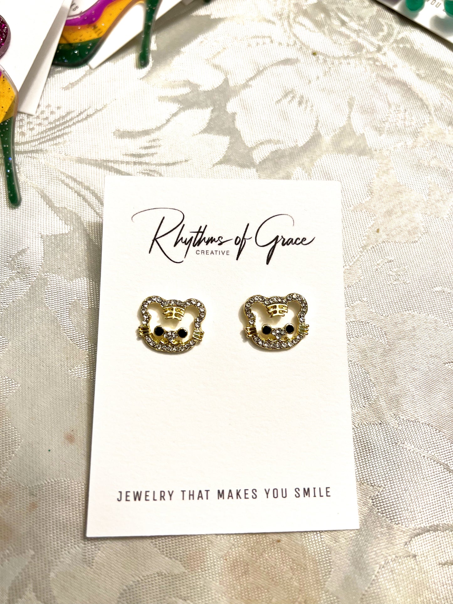 Rhinestone Tiger Earrings - Handmade Earrings, Tiger Studs, Tiger Jewelry, Stud Earrings, Tiny Tigers, Tiger Accessories, Tiger Mom - Rhythms of Grace Creative