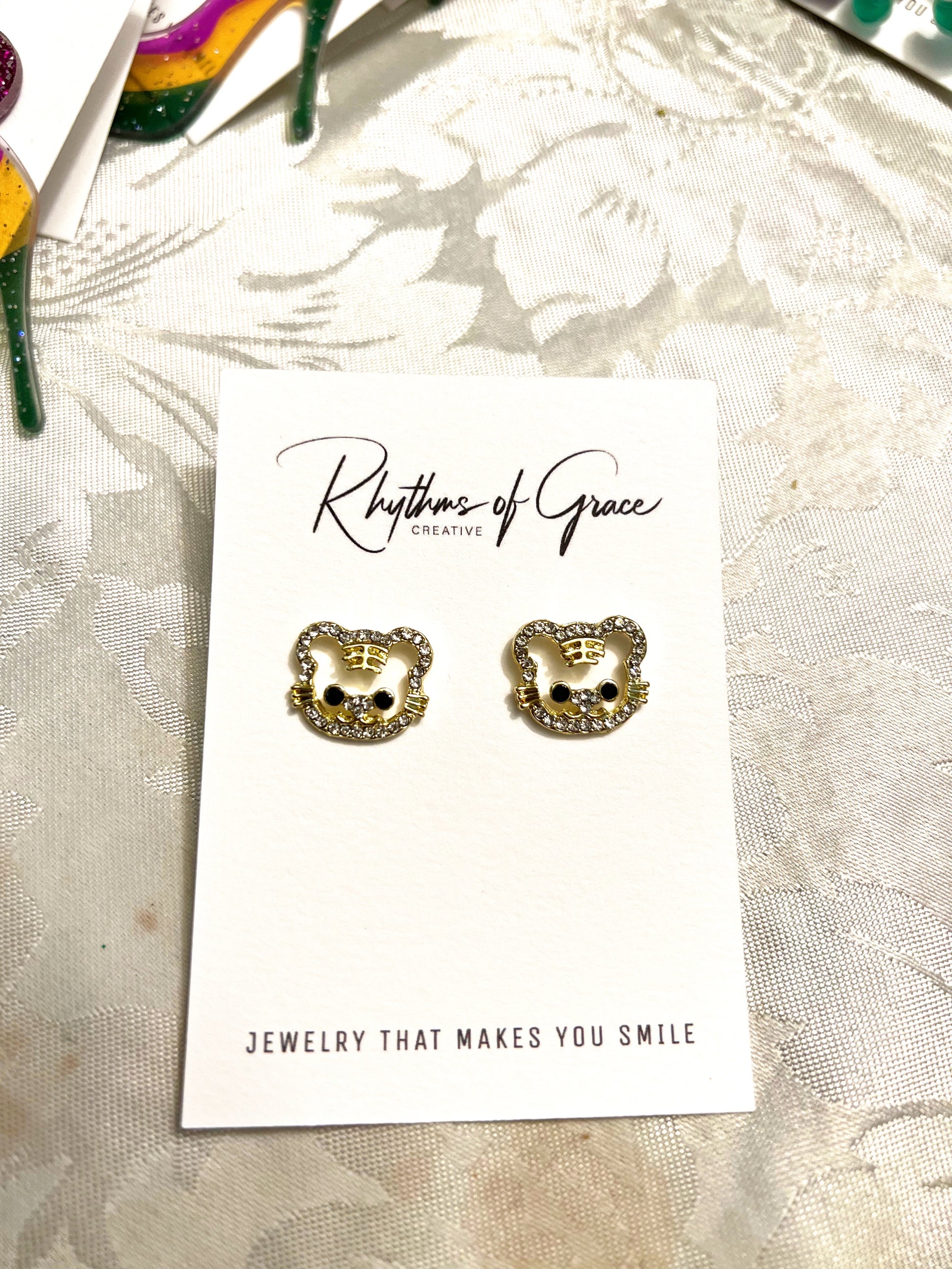 Rhinestone Tiger Earrings - Handmade Earrings, Tiger Studs, Tiger Jewelry, Stud Earrings, Tiny Tigers, Tiger Accessories, Tiger Mom - Rhythms of Grace Creative