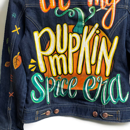 Hand Painted Jean Jacket: “In My Pumpkin Spice Era” I Ladies Size Small