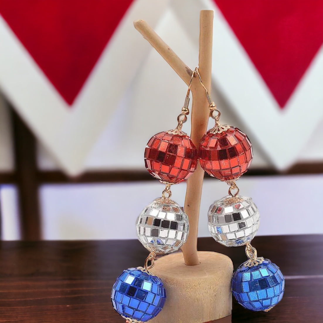 Patriotic Disco Ball Earrings - Fourth of July, Stars and Stripes, Red White and Blue