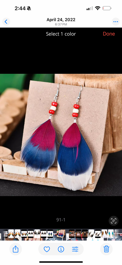 Boho Chic Red, White & Blue Feathered Dangle Earrings