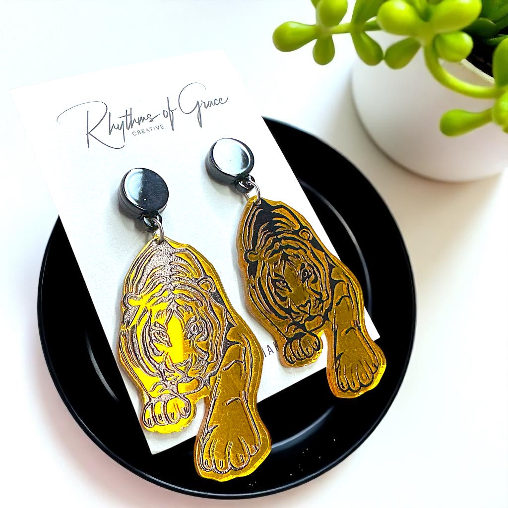 Fierce Tiger Earrings – Mirrored Acrylic Statement Dangles