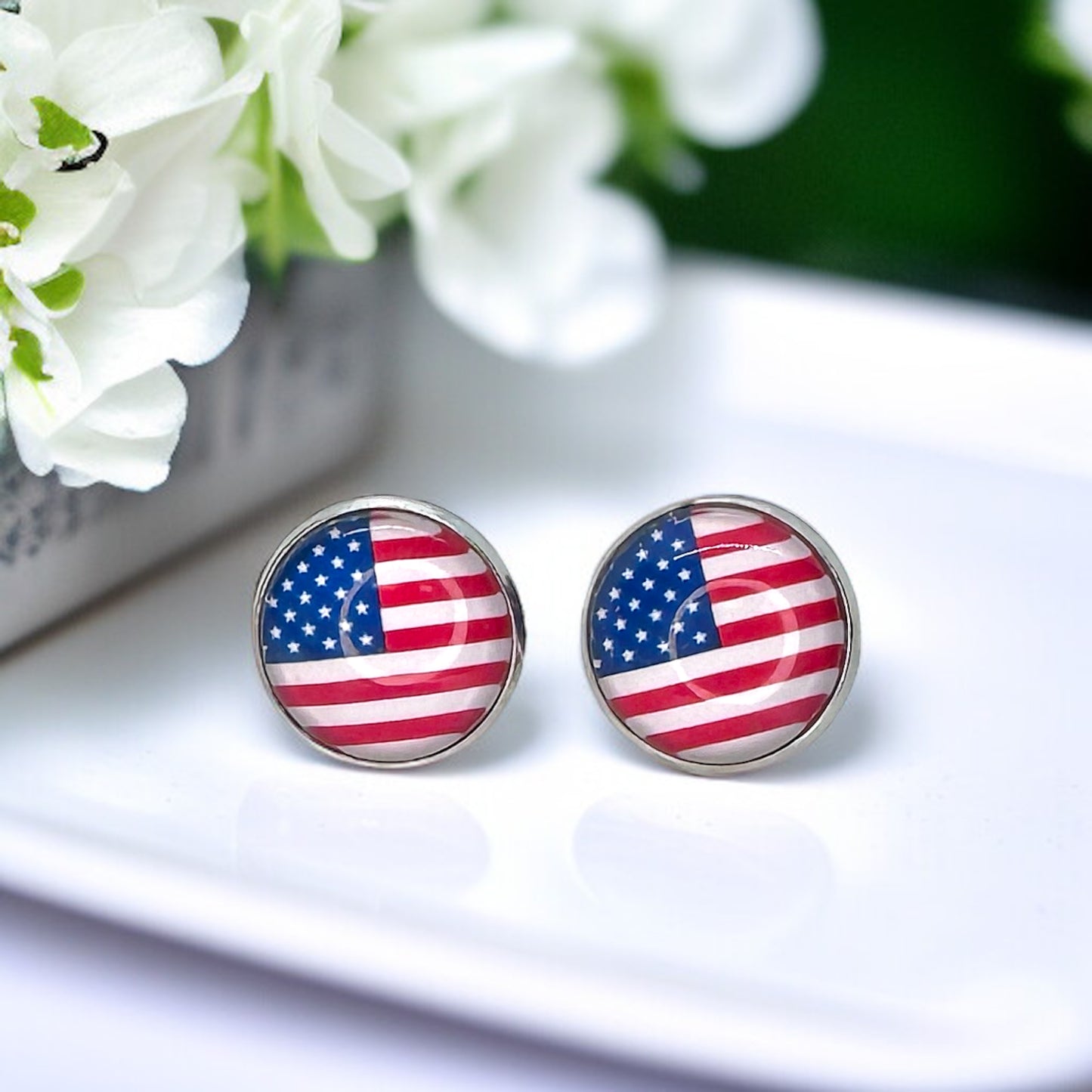 Patriotic Sparkle: American Flag Cabochon Studs!